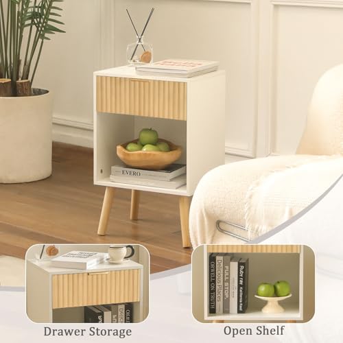 Fultyle Night Stand with Charger Station, Modern Wood Nightstand with Drawer and Outlet, Fluted Bedside Table End Table with Solid Wood Legs for Bedroom, Living Room, Office (White Oak) - color: White Oak With Charging Station