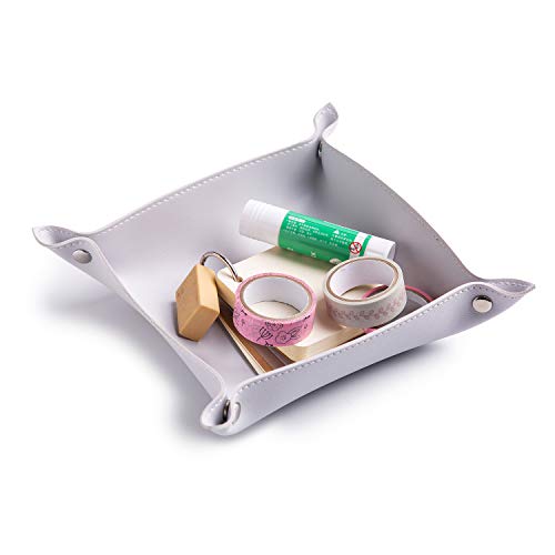 SANQIANWAN Leather Jewelry Valet Tray for Women and Man, Entryway Table Bedside Nightstand Desk Portable Small Catchall Travel Dish Plate for Key,Wallet,Watch,Coin(Grey White-B) - color: Grey White-b, size: 8×8