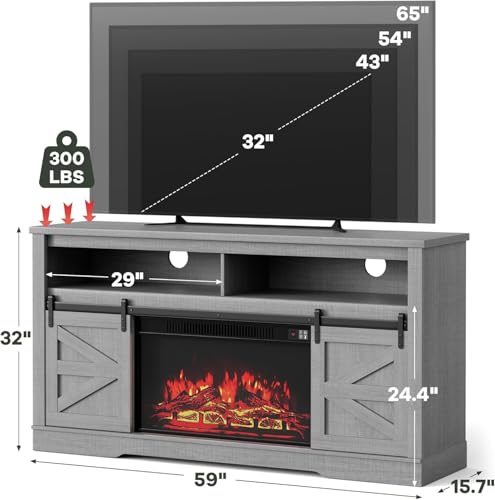 YESHOMY Fireplace TV Stand for Television up to 65+ Inch with Storage and Farmhouse Sliding Barn Doors, Entertainment Center with Cabinet and Shelves, Media Console for Living Room,Gray - color: Grey, style: Sliding Barn Doors Fireplace TV Stand
