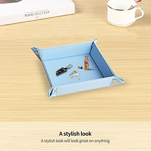 YAPISHI Key Dish Bowl for Men, Entryway Catchall Holder Bedside Table Valet Tray for Pocket Stuff, PU Leather Nightstand Organizer for Dice/Coins/Wallet/Watch/Rings/Sunglasses, Dresser/Coffee Table - color: Light Blue