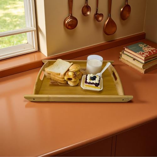 Bamboo Serving Tray Rectangle Platter Breakfast Dinner Food Bed Tray for Eating Kitchen Restaurants (1, 17.3" x 11.8" x 1.2" (with Handle)) - size: 17.3" x 11.8" x 1.2"