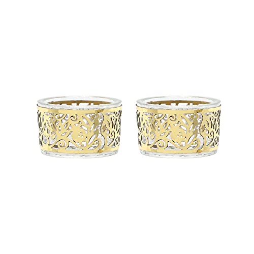 Yair Emanuel Tea Light Candle Holders for Shabbat | Shabbos Candlestick Holders | Glass with Metal Decoration (Pomegranates Gold CSX-2) - color: Pomegranates Gold Csx-2