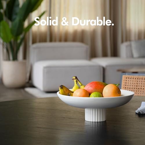 KIVY Concrete Fruit Bowl for Kitchen Counter - Large Decorative Pedestal Bowl for Home Decor - Modern Key Bowl for Entryway Table - White - color: Cream, style: Ribbed