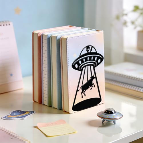WADORN 1 Pair Alien UFO Cow Metal Decorative Bookend for Shelves, Heavy Duty Book Ends Modern Non-Skid Books Holder Stand Black Book Support Stoppers for Desk Bookshelf Office Home, 5.3x4.3x7.8 Inch - color: Alien Ufo Cow