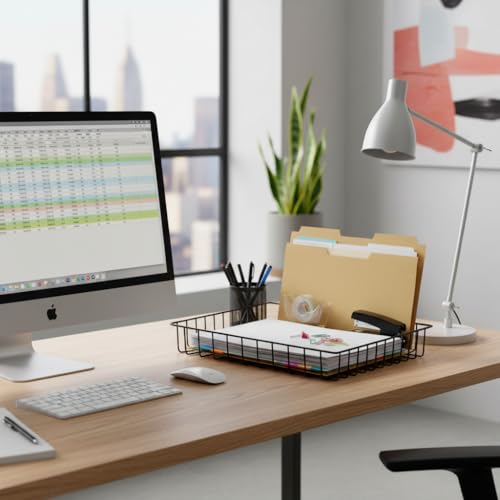 Paper Organizer for Desk Metal Paper Tray Large Capacity Letter Tray File Holder Mail Inbox Storage Organizer Basket for Office Classroom Desktop,12.5" x 9.4" x 1.9",Black - color: Black