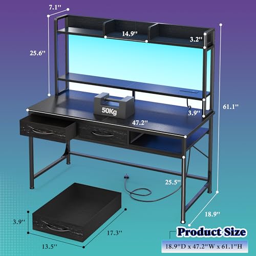 DurayLoly 47.2" Gaming Desk with Hutch &2Drawers,Office Desk with Storage Rack&Monitor Stand, Computer Desk with LED&Power Outlet,Modern Study Writing Desk for Bedroom Home Office,Small Space,Black - color: Black, size: 18.9"D x 47.2"W x 61.1"H