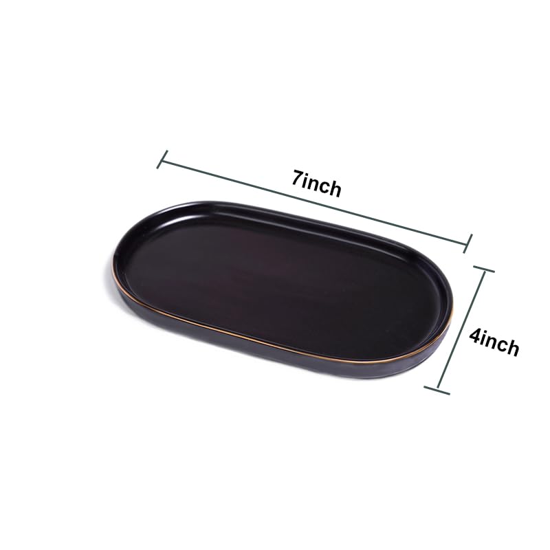 Ceramic Jewelry Dish, Perfume Vanity Tray, 7x4 Decorative Catch All Bowl for Trinket Key Ring, Small Bathroom Counter Tray, Soap Tray for Kitchen Sink (Black) - color: Black