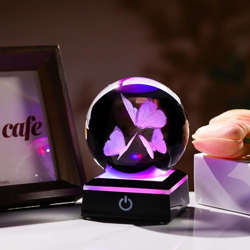 Qianwei Butterfly Gifts for Women 3D Crystal Ball 3.14'' - 80mm Laser Decor Glass Animals Figurines Statue for Room Decorations Night Light - style: 3PCS Butterfly