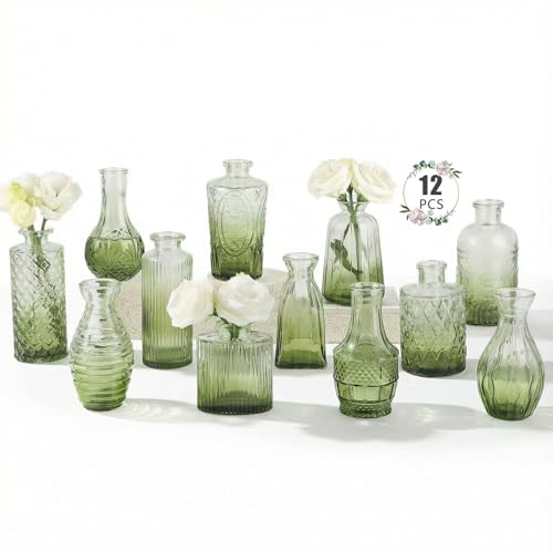 12 Pack Bud Vase in Bulk - BEAHOT Green Flower Vases for Wedding Decorations, Glass Vase for Table Decorations, Small Vase for Home, Mother's Day, Centerpieces, Party, Office (Green) - color: Green
