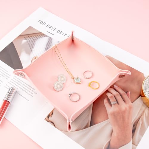 SANQIANWAN PU Leather Arc Edge Jewelry Valet Tray for Man and Women, Portable Mini Entryway Table Tray Bedside Nightstand Desk Tray Small Travel Dish Plate for Key,Wallet,Watch,Coin (Pink) - color: Pink