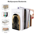 Wooden Bookends 2 Pcs,Art Deco Design Heavy Duty Office Book Ends Anti Slip Book Shelf Holder with Metal Base Decorative Book Stands - color: Art Deco Design