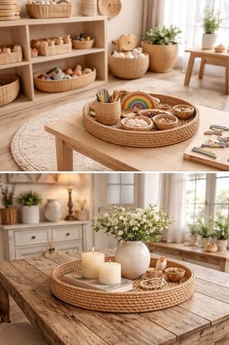 Round Rattan Serving Tray Set (2 Nesting Sizes) with Handles, 4 Coasters Included, Handwoven Boho Wicker Organizer for Coffee Table or Ottoman, 14.2 x 2.3 in and 11.9 x 1.7 in
