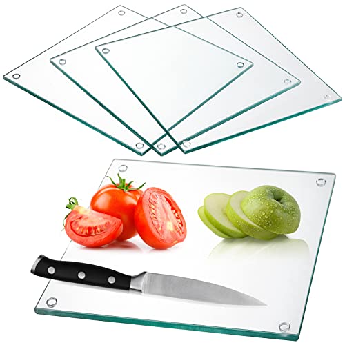 Hacaroa Set of 4 Tempered Glass Cutting Board, 10"x10" Small Square Chopping Board with Rubber Feet, Non-slip Placemat Tray for Kitchen Countertop, Shatter-Resistant, Clear