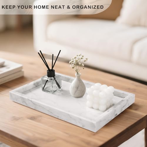 Marble Bathroom Tray for Countertop & Home Decor, Natural Decorative Marble Tray for Jewelry & Perfume Organizer, Luxury Stone Vanity Trays for Dresser, Kitchen Counter, 12" x 8", White - color: White