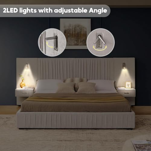Luxury Queen Size Bed Frame with Oversized Upholstered Headboard, Modern Chenille Upholstered Platform Bed Frame with Gold LED Lights, Nightstands, No Box Spring Needed, Beige - color: Beige, size: Queen