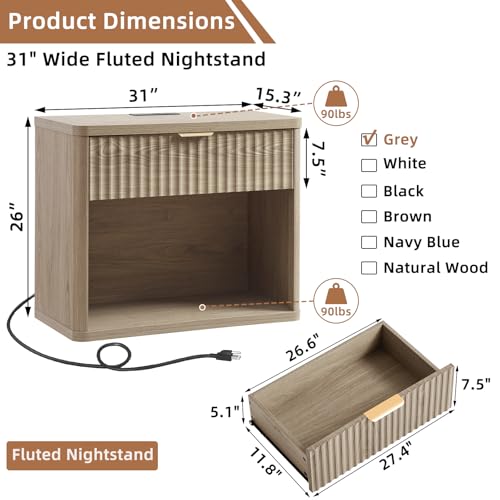 LEYAOYAO 31" Wide Fluted Nightstand with Charging Station, Oversized Extra Large 1 Drawer Night Stand with Golden Handle, Grey Wood Bedside Table Tall End Tables,for Bedroom, Living Room, Hallway - color: Grey, size: 1 Drawers