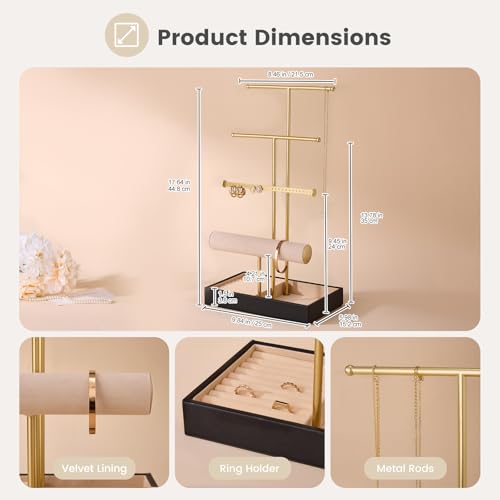 Lolalet Jewelry Holder Tree with Velvet Tray, 4 Tiers Necklace Display Stand Rack with Ring Slots Organizer for Earrings Bracelets Bangles Ring, Valentine's Day Gift -Black - color: Black