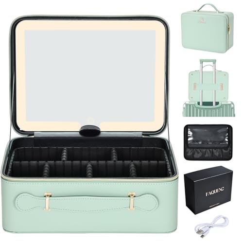 Leather Makeup Case with LED Lighted Mirror 11.4 Inch Travel Makeup Bag Adjustable Brightness in 3 Colors Cosmetic Organizer Artist Storage Bag with Dividers Brush Holder Storage Vanity Watery Blue - color: Watery Blue 11.4 Inch, size: 2-Medium