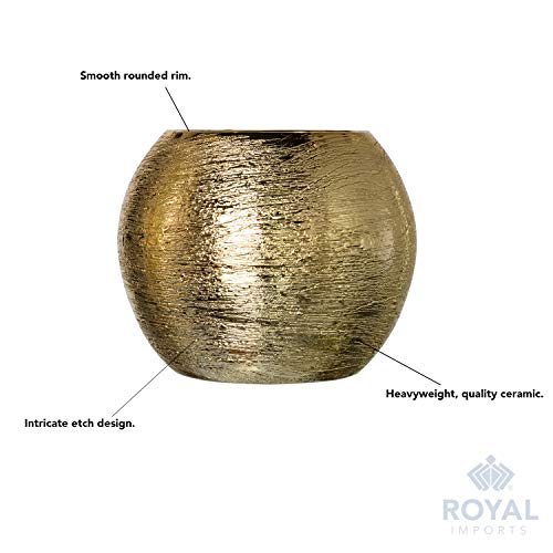 Royal Imports Flower Glass Ceramic Vase Decorative Centerpiece for Home or Wedding- Etched Bubble Ball Shape, 6"x5", Gold