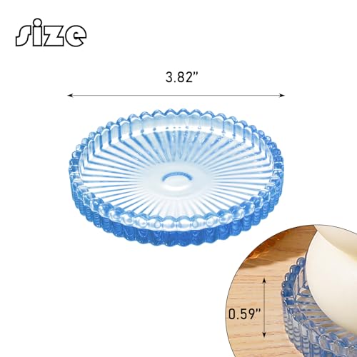 2 Pack Glass Pillar Candle Holders 4 Inch Ribbed Edge Design Decorative Candle Plate with Serrated Edges Clear Blue Display Stand for Wedding Home Decor Table Centerpieces - color: Blue