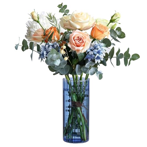 ComSaf Glass Cylinder Vases, Bud Vase for Centerpieces, 8 Inch Tall Ribbed Vase Hurricane Floating Candle Holder, Decorative Flower Vases for Wedding Reception, Home Decor, Housewarming Gift (Blue) - color: Blue