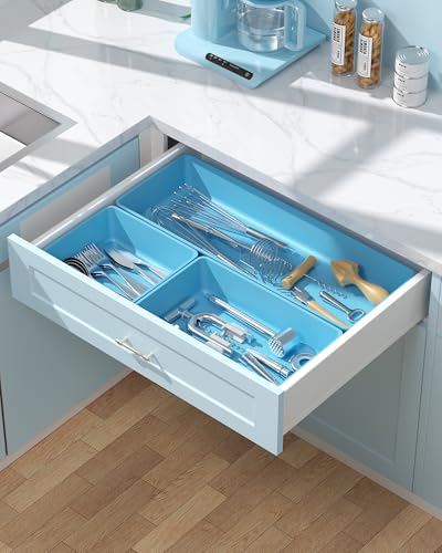 10 Pack Large Size Plastic Drawer Organizers Set, 3 Sizes Desk Drawer Organizer Trays, Storage Bins for Vanity, Makeup, Bathroom, Kitchen Utensils and Office (Blue) - color: Blue