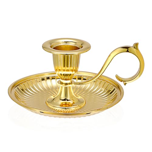 OwnMy 1 Vintage Candlestick Holder Decor, Antique Brass Taper Candle Holder with Carry Handle and Candle Drip Catcher Tray, Eleagnt Taper Candle Stand for Wedding Dining Table Centerpiece, Gold - color: Gold