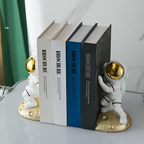 Space Theme Bookends for Shelves, Astronaut Moon Book Ends for Kids Room, Decorative Planet Book Stoppers to Hold Books Heavy Duty, Unique Boys and Girls Gift (Gold) - color: Gold - Astronauts