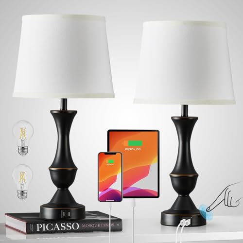 Luvkczc Touch Table Lamps Set of 2, 22" Tall Bedside Lamps with USB C+A Ports,Dimmable Nightstand Lamps, Table lamp for Bedrooms, Living Room, Office, Black Lamp with White Lampshade, Bulbs Included - color: Black, White, size: 22in