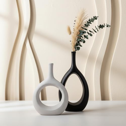 Ceramic Vase Set of 2, Modern Minimalist Boho Hollow Flower Vases, Decorative Vase for Home Decor, Living Room, Bedroom, Bookshelf, Entry Table, Kitchen and Dining Table - color: White&black