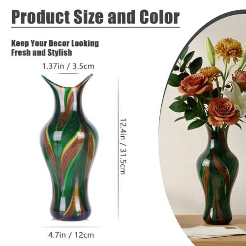 Handblown Art Glass Vase, 12.4" Tall Heavy Duty Decorative Flower Vase with Unique Swirl Pattern, Modern Murano Style Mouth-Blown Bud Vase for Luxury Home Decor & Gifting (Green)