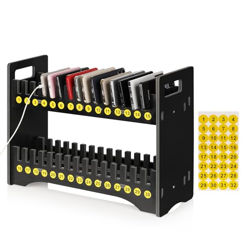 Cell Phone Holder Classroom Cell Phone Storage 2-Tier Multiple Cell Phone Stand Rack with 1-30 Number Stickers PVC Board Mobile Phone Holder Desktop Organizer for Classroom (Black, 30 Slots) - color: Black