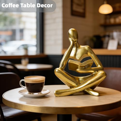 Gold Reading Woman Statue, Thinker Sculpture for Bookshelf Decor, Modern Gold Home Accents, Coffee Table Figurine, Office Desk Decor, Book Lover Gift Small Shelf Decor - 4.5 Inch - color: Gold