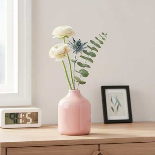 Sunddo Cute Pink Vase for Flowers - 4 Inch Small Modern Ceramic Vase for Centerpieces, Minimalist Bottle Decorative Vases Home Decor, Office Desk, Bedroom, Table, Book Shelf Decor - color: Pink, size: 4 inch