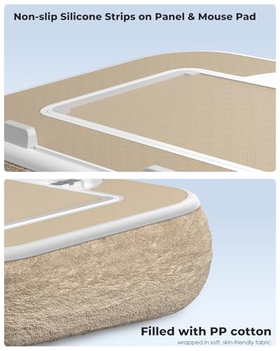 Viozon Kindle Pillow Stand Holder, Phone Holder for Bed, Laptop Lap Desk with Mouse Pad,Compatible with 4.7-13" Kindle/Tablet/Phone,10-15" Laptop, Snack Bowl&Cup Attachment&Detachable 360° Stand Arm - color: Beige