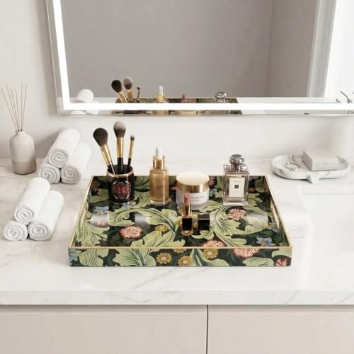 15.8" x 11.8" Dark Green Plastic Serving Tray with Handles, Vintage Acanthus Leaf & Flower Pattern with Gold Trim, for Ottoman, Coffee Table, Vanity - color: Vintage Acanthus Leaf & Flower Pattern