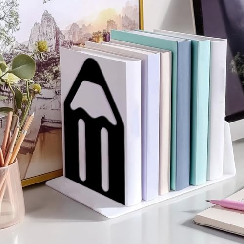 Peacoblue Metal Bookends for Shelves, Modern Decorative Heavy Duty Study Book Ends Stoppers for Office, Desk, Shelf, Room 5.3"x4.3"x7.9" Cast Iron Simple Tall Bookends 1 Pair (Pencil) - style: Pencil