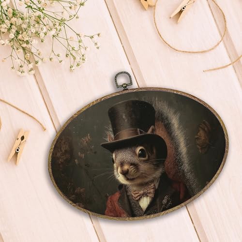 Hxlac Victorian Squirrel Rectangular Wall Art Framed, Vintage Victorian Style Animal Rectangular Wall Decor, Autumn Squirrel Hanging Canvas Prints Wall Sculptures for Farmhouse Home Room Decor, 11.5x8.5 Inch - color: squirrel oval