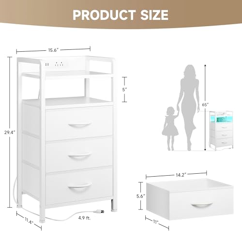 Lazzanto Night Stand Bedside Charger Bedroom - Nightstand with Charging Station, Bed Side Table with LED Light Strip, End Table with U-S-B Ports & AC Outlets, Storage Shelf & 3 Fabric Drawers, White - color: White, size: 3 Drawers