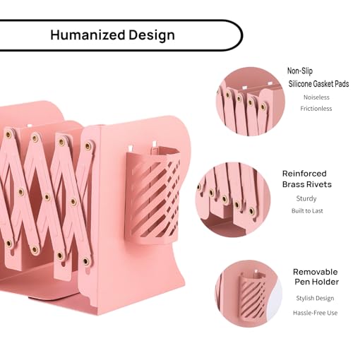 Adjustable Book Ends for Heavy Books, Metal Expandable Bookends for Shelves, Book Organizer Stopper Holder for Desk, Kids Room, Classroom, Office, Library (Pink) - color: Pink