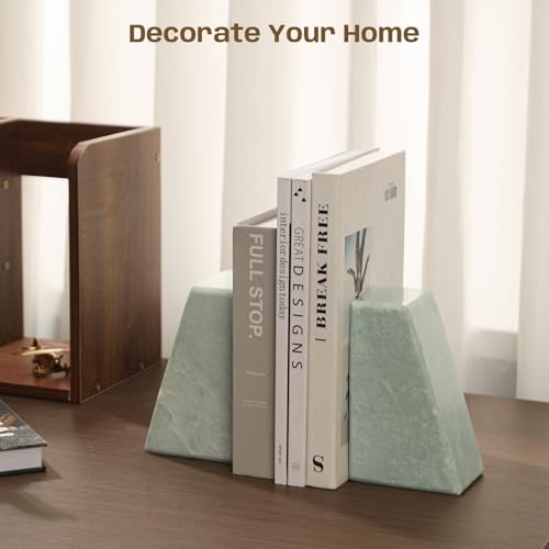 Marble Bookends for Shelves, Decorative Book Ends, 10lbs Heavy-Duty Marble Book Holders, Stone Bookshelf Decor, Light Green - color: Light Green, size: 10LB