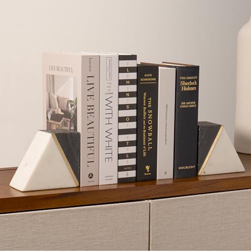 Cork & Mill Marble Book Ends for Shelves, Decorative Bookends for Heavy Books, Unique Mid Century Modern Gray and White Bookends with Brass Inlay, Heavy Duty Bookshelf Stopper, Set of 2 - color: White / Grey + Brass