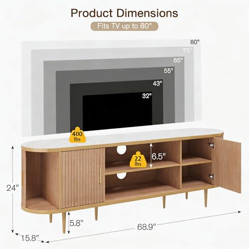 EROMMY 70" Fluted TV Stand, TV Entertainment Center with Storage for TVs Up to 80", Modern TV Console with Faux Marble Top, Curved Design, Tambour Sliding Doors (Natural Oak) - color: Natural Oak