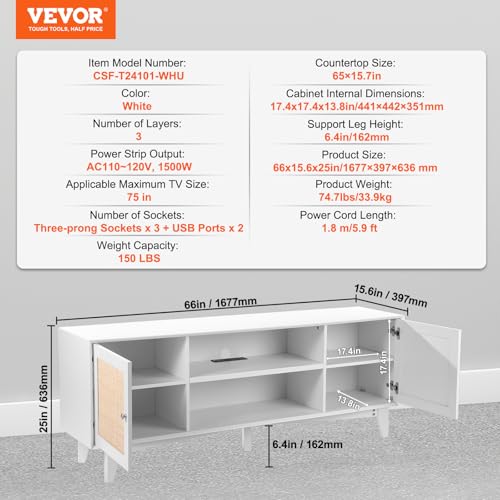 VEVOR Rattan TV Stand for 75in TV, Boho TV Stand with Rattan Door, Entertainment Center with Build-in Socket, Storage Cabinet with 2 Shelves, Modern TV Console for Living Room, Media Room, White - color: White, size: for 75" TVs