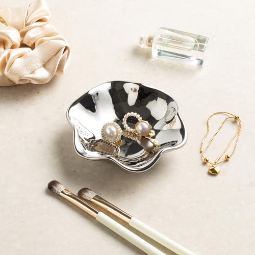 Ceramic Trinket Dish for Jewelry, Lotus Leaf Shape Small Ring Dish Tray, Jewelry Dish Organizer for Necklace Earrings, Home Decor Gift for Mom Best Friend Sister (Electroplated silver) - color: Electroplated silver