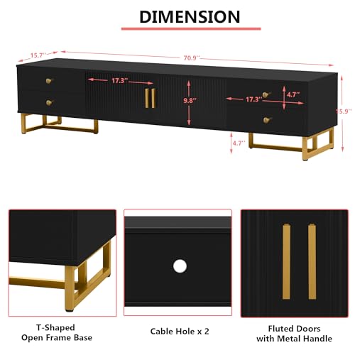 Modern TV Stand with Drawers for TVs up to 75'', Media Console Storage Cabinet Entertainment Center Furniture for Living Room Bedroom, Gold Metal Legs, 70.9-Inch, Black - color: Black