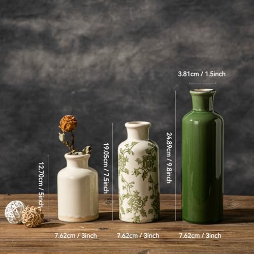 Rustic Ceramic Vase Set of 3, Flower Vases for Farmhouse Decor, Kitchen Living Room Table Centerpieces Decoration, Shelf, Mantel and Entrance Decorations-Multicolor. - color: Green-2