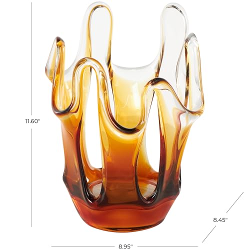 Deco 79 Glass Abstract Decorative Vase Ombre Centerpiece Vase with Wavy Oval Cutouts, Flower Vase for Home Decoration 9" x 8" x 12", Orange - color: Orange, size: 9" x 8" x 12"