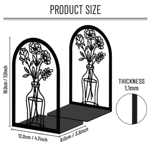 WADORN Flowers Metal Bookends for Shelves Decorative 1 Pair, Flowers Heavy Duty Books End Support Non-Skid Book Holders Black L-Shaped Book Stopper for Home Office Desk Books Divider, 4.7x3.5x7 Inch - color: Florals Vase