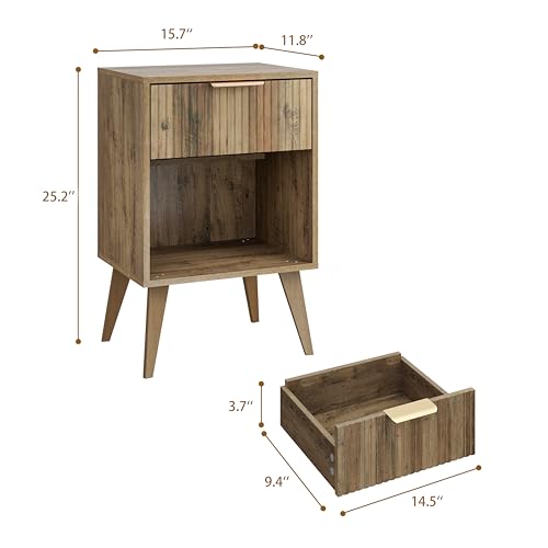 YAUKOMEL Fluted Night Stand with Opening Storage,Mid Century Bedside Table with Drawer,Wood Nightstand with Legs,End Table Side Table for Living Room,Bedroom,Caramel Oak 11.8"Dx15.7Wx 25.2"H CTG56BR - color: Caramel Oak